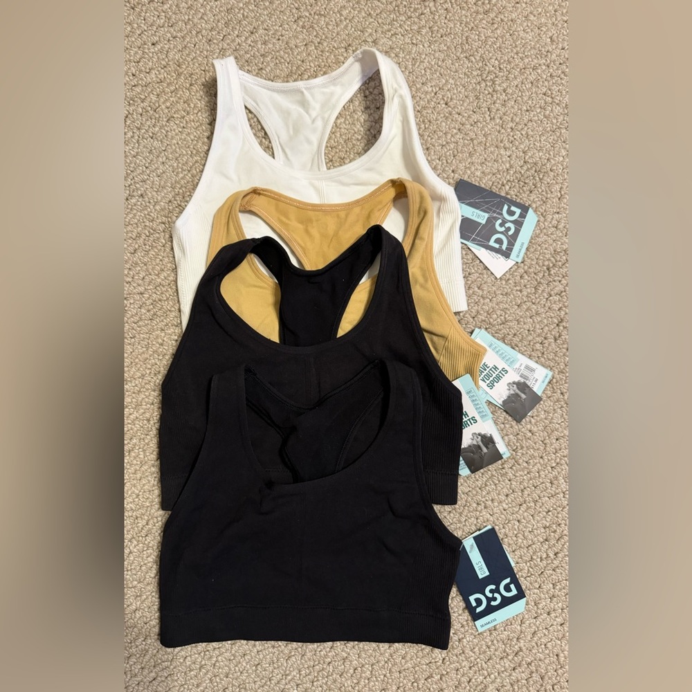 4 DSG girls seamless core sports bras - in white, new beige, and black (2)